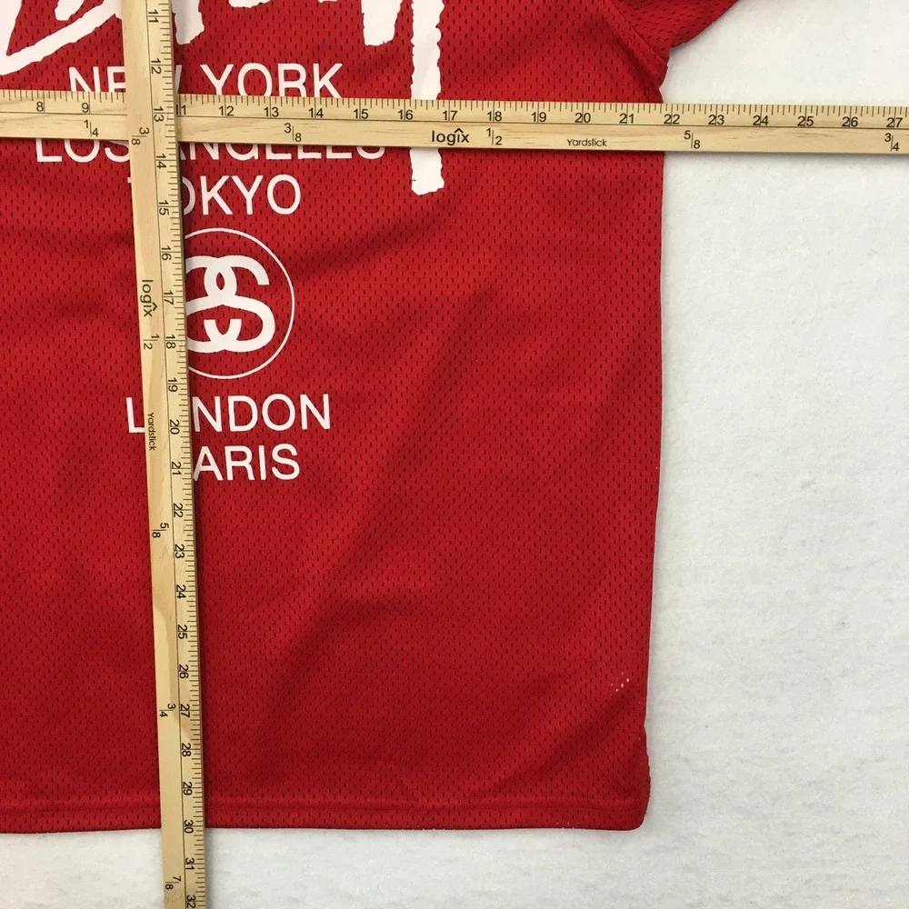 Stussy Red Mesh T-Shirt‎ Large New York Los Angeles Tokyo London Paris